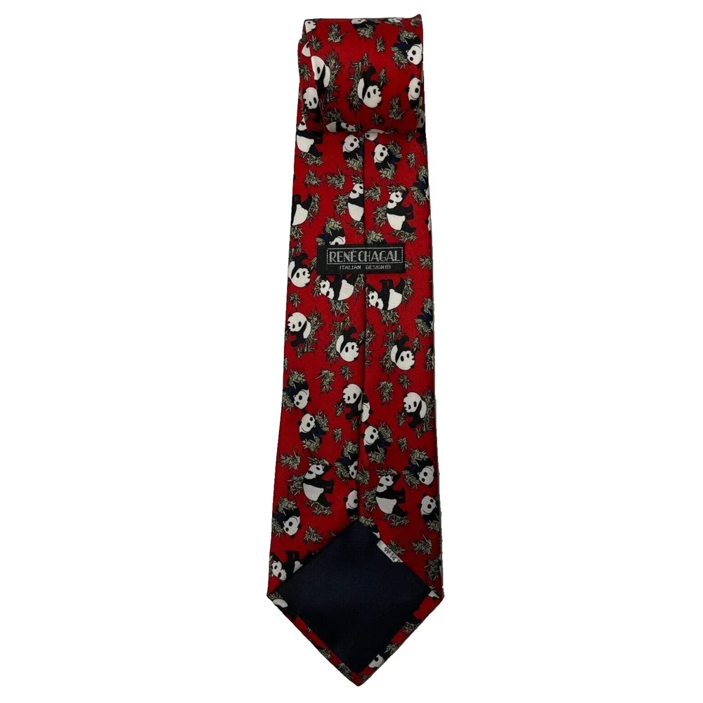 Rene Chagal Italian Design Mens Necktie Giant Panda Red Silk Classic Neck Tie
